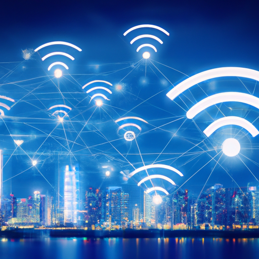 Conceptual image of futuristic Wifi technology in a smart city setting